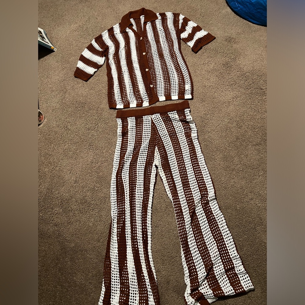 Brown and White Striped Knit Set